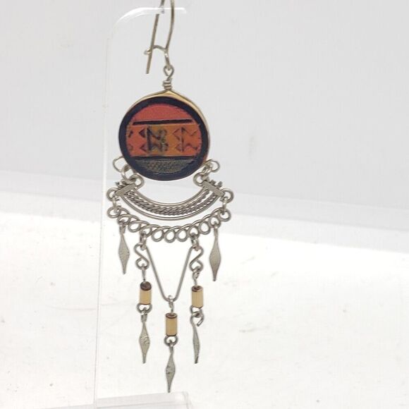 Vintage Earrings Carved Wood & Silver Handmade Boho Long Dangle Drop Ethnic - Picture 2 of 6